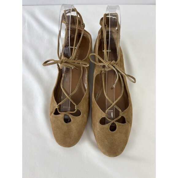 Aquazzura Firenze Dancer Lace Up Flats Camel Brown Tan Suede 38 7.5 Ankle Tie - Picture 1 of 8